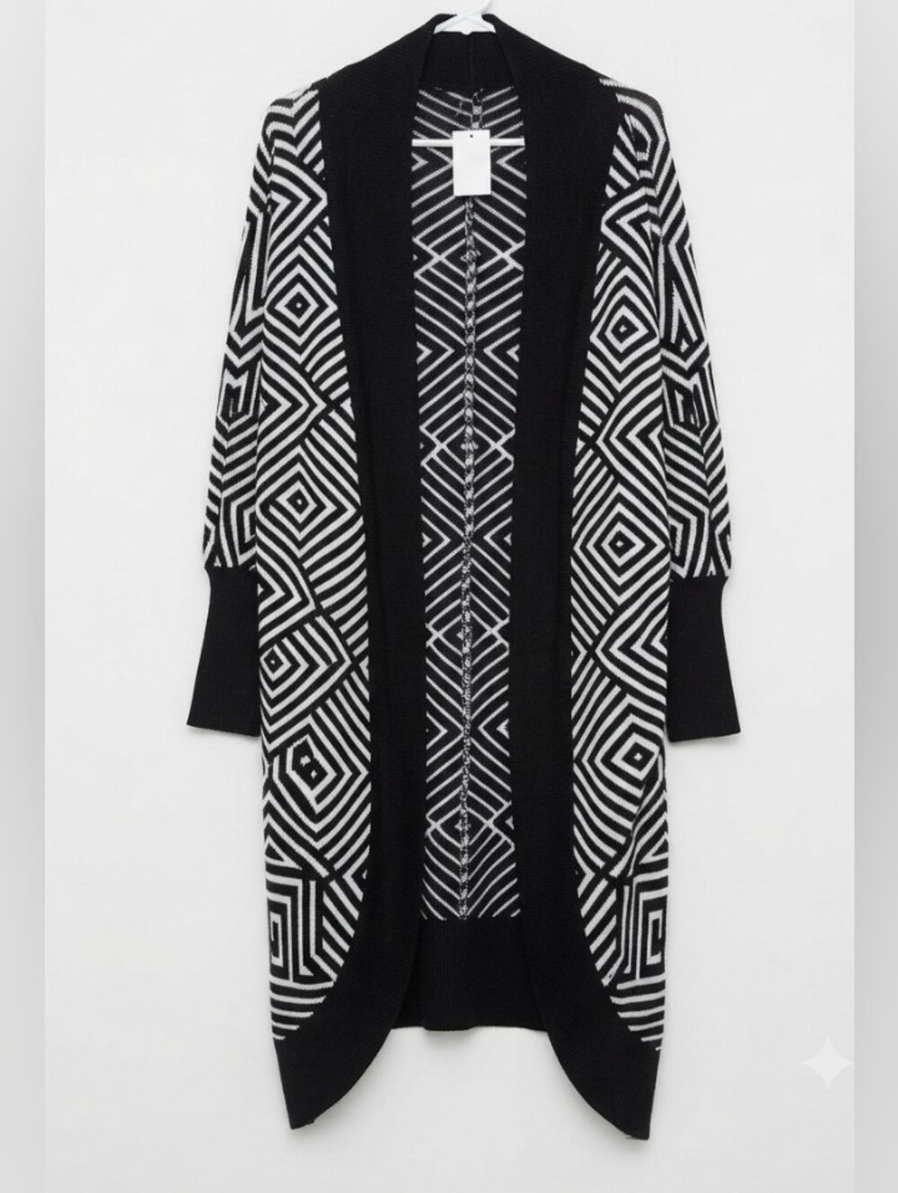 Black & White Geometric Open-Front Longline Cardigan